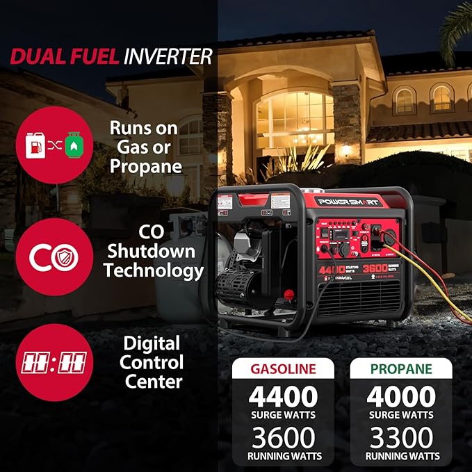 4400-Watt Dual Fuel Portable Inverter Generator PowerSmart Gas Powered CO-Sensor Lightweight &amp Quiet for Home Use and Emergency Backup Camping EPA Compliant