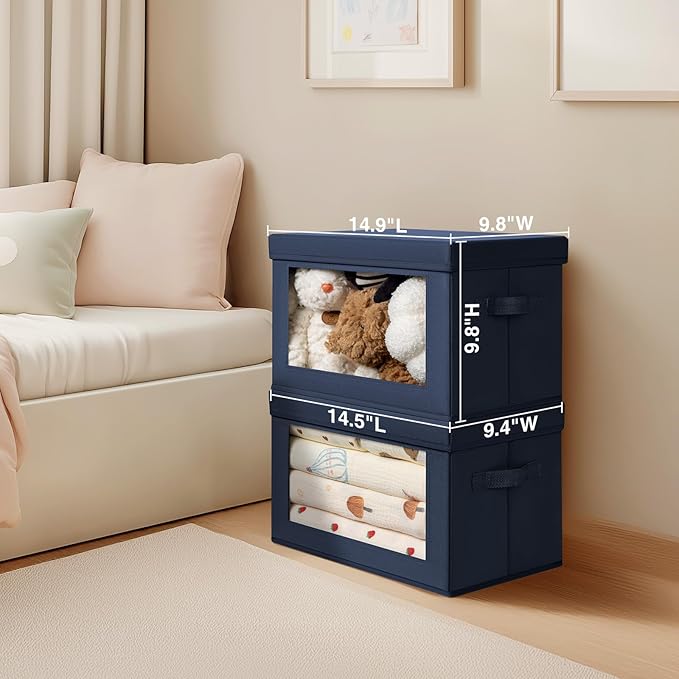 Homsorout Organizing Bins with Lid - 4 Pack Foldable Clear Window Storage Bins Large Storage Boxes with Handles Storage Containers for Clothes Towel Blanket Sheet Navy Blue