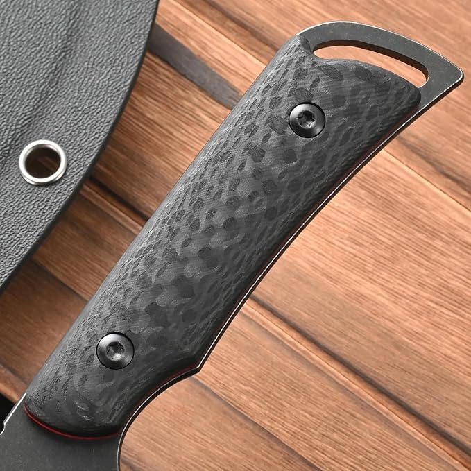 FF113 VG10 Black Stonewashed Steel Fixed Blade Knife Carbon Fiber Handle Full Tang Knife with Sheath for Outdoor Camping Hunting Working (Black)