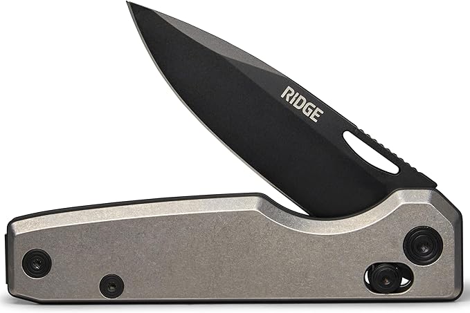 Ridge Everyday Folder Knife - Premium EDC Pocket Knife Sandvik 14C28N Steel Drop Point Blade with Black DLC Finish Ceramic Bearings Deep Carry Clip &amp Multipurpose Design (Stonewashed Titanium)
