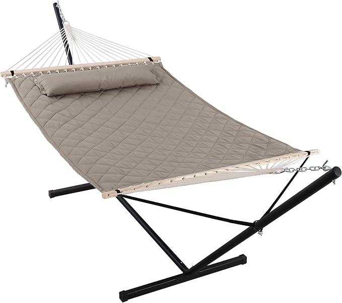 ANOW 2 Person Hammock with 12FT Stand Heavy Duty Hammock with Stand for Outdoors 450 LBS Weight Capacity Light Brown