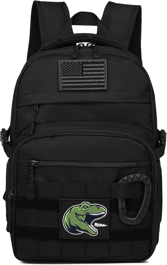 Kids Tactical Backpack Army Molle Bookbag Military Boys Backpack for School Outdoor Camping (Includes 2 Patches +1 Carabiner) Black
