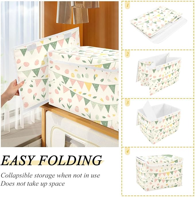 Storage Bins With Lid Stackable Fabric Closet Organizer Clothing Storage Large Boxes For Closet Shelves Bedroom Green Floral Branch Easter