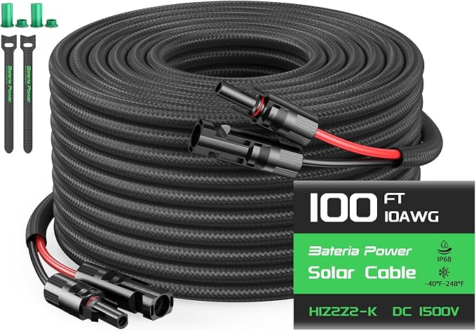 Bateria Power 10AWG 100FT Solar Panel Extension Cable Flame Retardant Protective Sleeving Twin Wire 10 Gauge Solar Cable with IP68 Female &amp Male Waterproof Connectors Dust Caps for Home RV