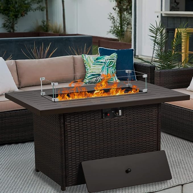 Propane Fire Pit Table44 Inch 55000 BTU Outdoor Gas Fire Pit Rectangular with Glass Wind Guard for Outside Patio Deck (Brown-Aluminum Top)