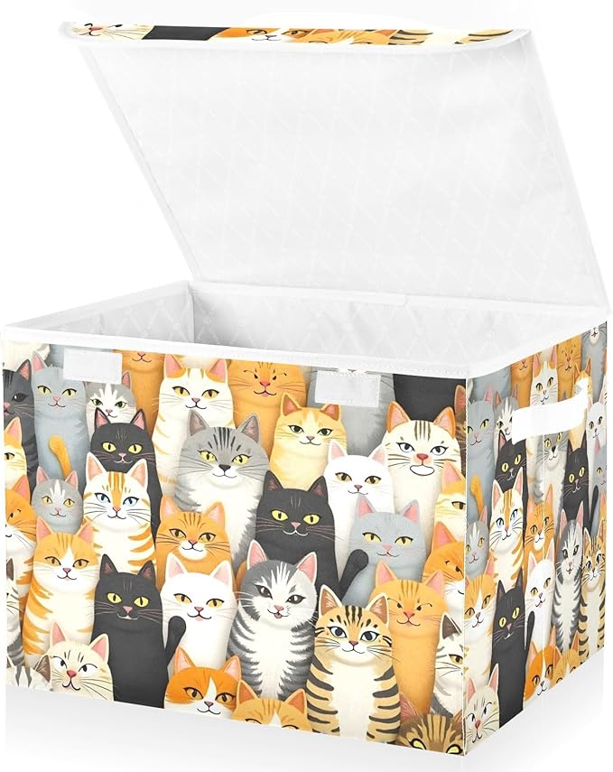 Group Of Cats Storage Cube Bins Basket with Lid Collapsible Flip-top Fabric with Handle for Home Bedroom Closet Office 16.5×12.6×11.8 in