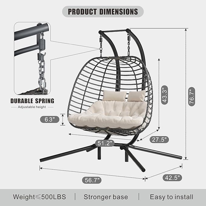 Double Hanging Egg Chair wth Stand Patio Hammock Swing Chair with Cushion Loveseat for Bedroom Balcony Garden Indoor Outdoor Beige