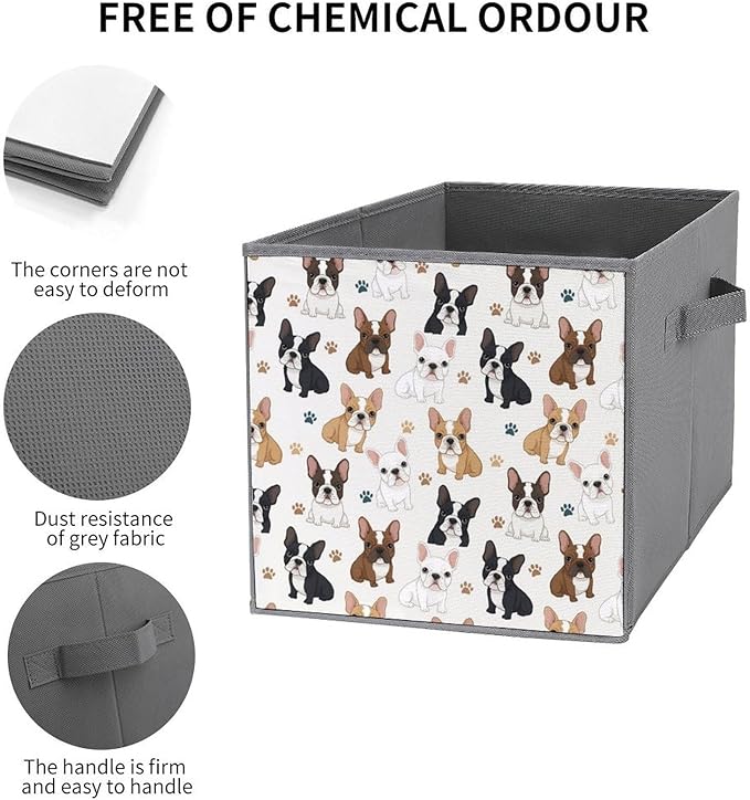 Collapsible Cube Storage Organizer with Handles Cute French Bulldog Foldable Fabric Bin for Shelves Perfect for Closet Bathroom Kids' Room &amp Nursery