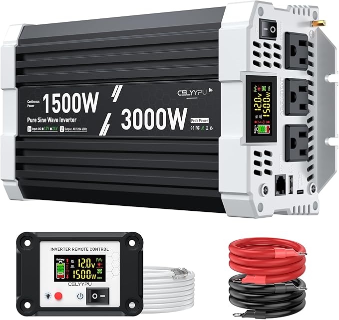 1500 watt Pure sine Wave Inverter 12V DC to 110V AC Power Inverter Used for Solar Emergency Power Supply in RV Homes with 3 AC Output sockets USB Port Type-C Port Remote Control with LCD Screen