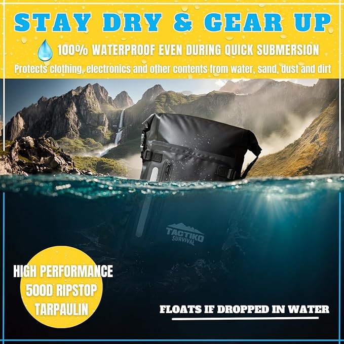Tactiko Survival 30L Heavy-Duty 100% Waterproof Backpack - Equipment Pocket Carabiner - Roll Top Floating Dry Bags (Jet Black)