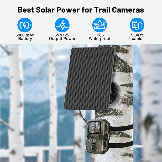 Solar Panel for Trail Cameras Built-in 5000mAh Large-Capacity Rechargeable Battery Trail Camera Solar Panel Solar Battery Charger Kit with Type C/5V DC/6V Output Suitable for Most Trail Cameras