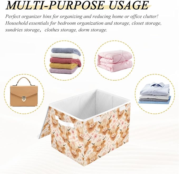 Storage Cube with Lid Cartoon Cattles Print 16.5×12.6×11.8 IN 1 Pack Collapsible Large Capacity Foldable Storage Basket Bin Organizer