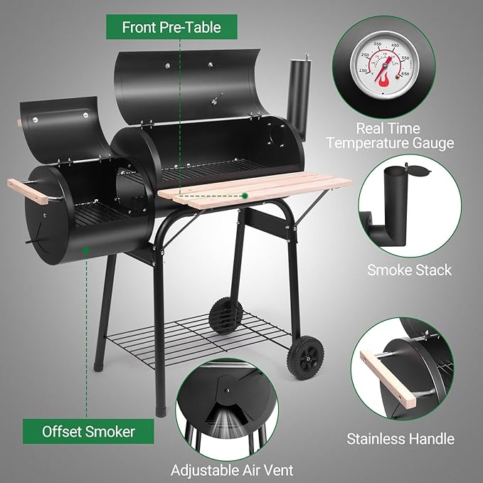 Outvita Charcoal Grill and Offset Smoker Outdoor Patio Barbecue Cooker with Wheels Portable Backyard BBQ Oven with Side Fire Box for Camping Picnic Party