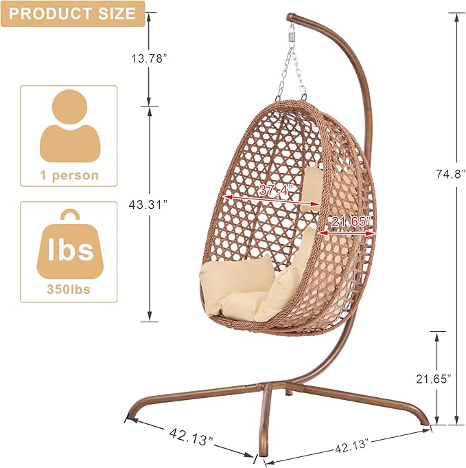 Indoor Hanging Chair with Stand for Bedroom Hexagon Rattan Wicker Swing Egg Chair for Bedroom Porch Garden Patio Outdoor Hammock Egg Swing Chair with Cushion350LBS Capacity (Beige)