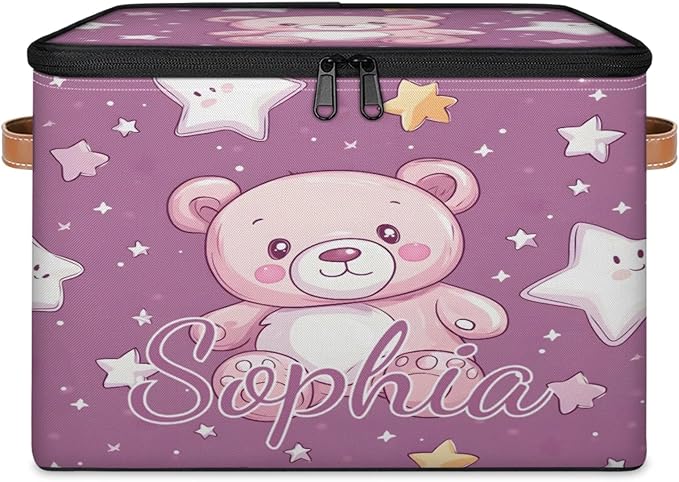 Custom Storage Basket with Name Personalized Storage Bins with Zipper Lid Foldable Fabric Storage Box Large capacity with Handle Star Pink Bear