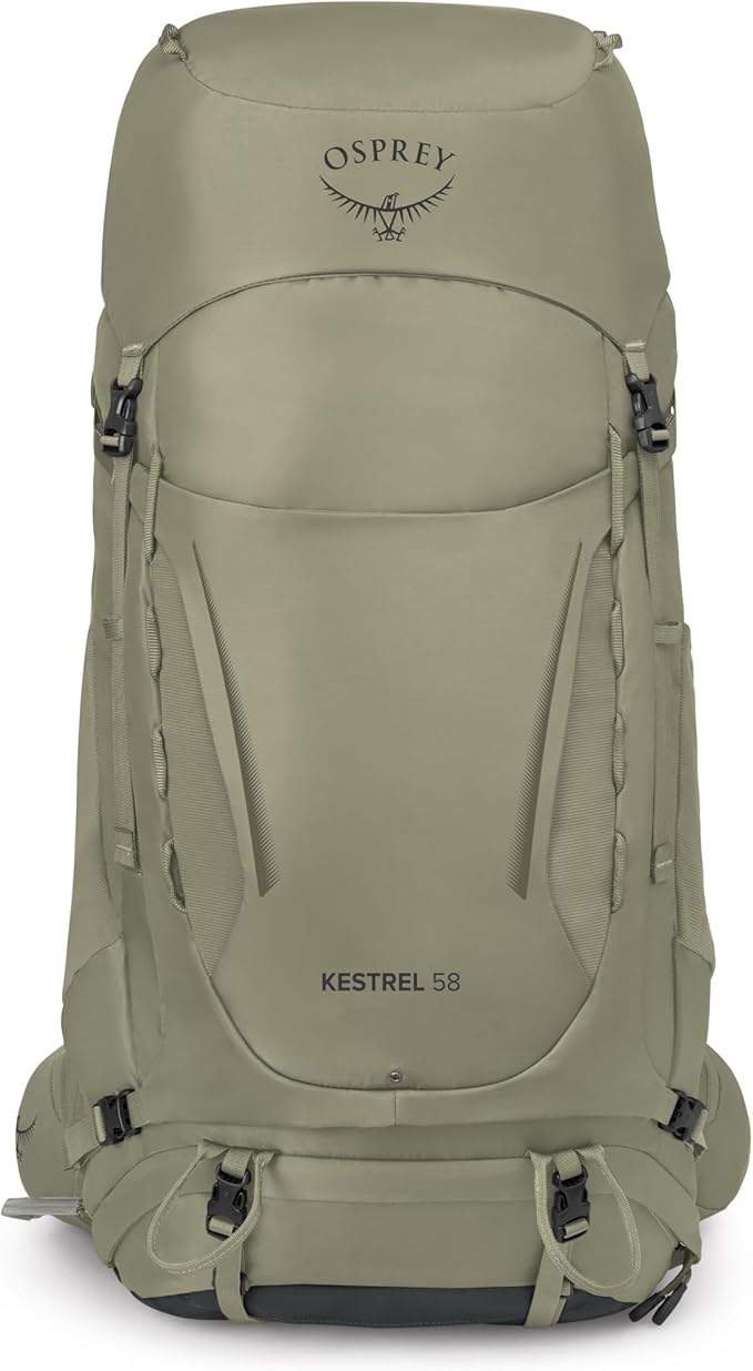 Osprey Kestrel 58L Men's Backpacking Backpack - Hiking &amp Camping Bag with Waterproof Raincover Olive Tan Large/X-Large