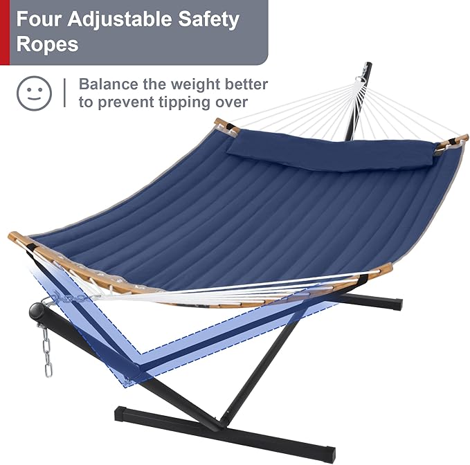 2 Person Hammock with Stand Included Outdoor Hammock with Curved Spreader Bar Pillow and Carrying Bag 450 Lbs Capacity Navy Blue