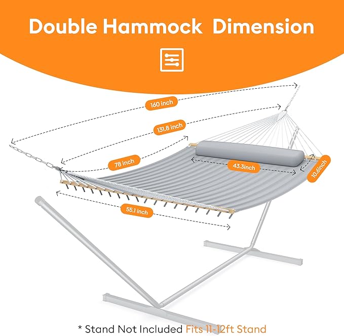 Everyfun Double Hammock with Spreader Bar &amp Pillow Portable 500lbs Capacity for Outdoor Camping Patio Backyard RelaxationGray