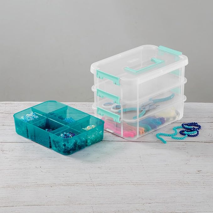 Sterilite 18 Pack Plastic Storage Box Container 3 Layer Stack and Carry Clear/Blue