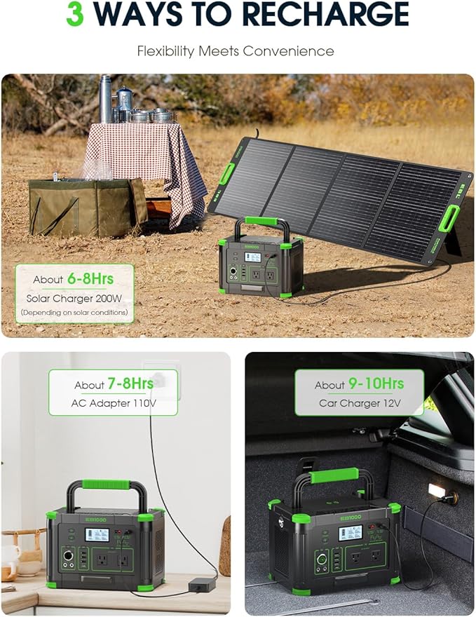 Portable Power Station 1000W (Peak 2000W) 999Wh Solar Generator with 110V Pure Sine Wave AC Outlet 60W USB-C PD 10 Ports for Camping RV Van Home Backup Emergency Off-Grid Living