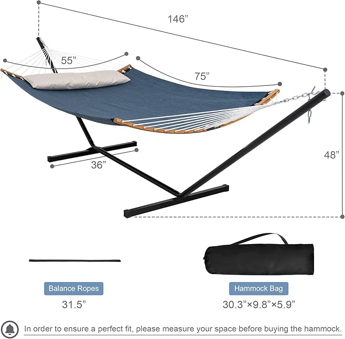 2 Person Hammock with Stand Included Quick Dry Hammock with Curved Spreader Bars for Outside Poolside 450 Lbs Capacity Dark Blue
