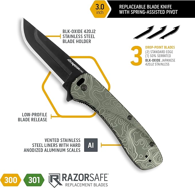 OUTDOOR EDGE RAZOR VX1 | Topo Map Etching | Replaceable Blade EDC Folding Pocket Knife | 3 Stainless Blade Green Anodized Aluminum Handle Reversible Pocket Clip | Cool Knife for Men