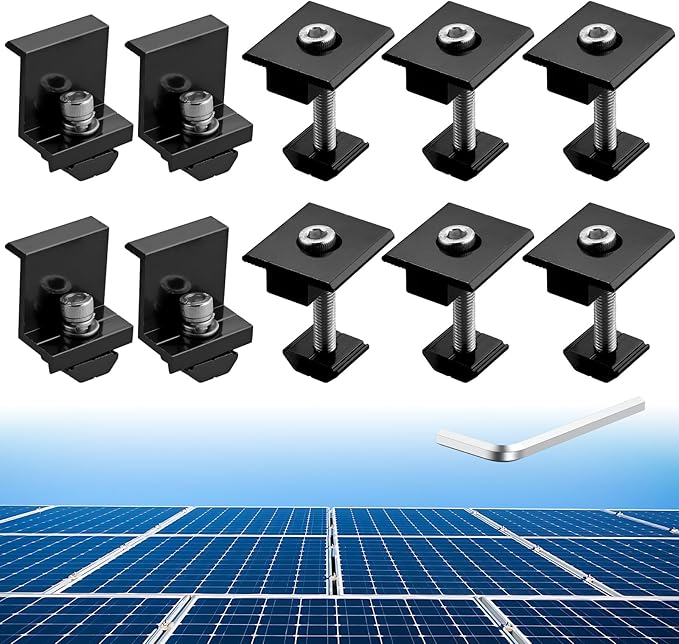 Anbte 10 PCS Solar Panels Brackets 40mm Aluminium 6 x T-Shaped Mid Clamps + 4 x End Clamps Solar Panel Mounting Brackets for Metal Tin Flat Sheet Roofs RV Black