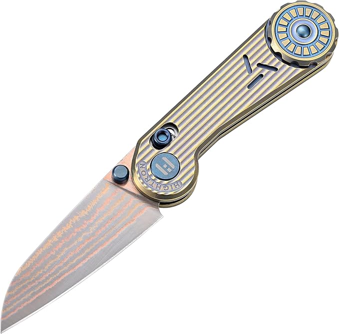 Hightron EdgePlay Premium Fidget Knife 2.64 Copper Damascus Blade and Titanium Handle Thumb Stud Opener and Axle Lock Pocket Knife with Pocket Clip For Men Women Camping Hiking Gold