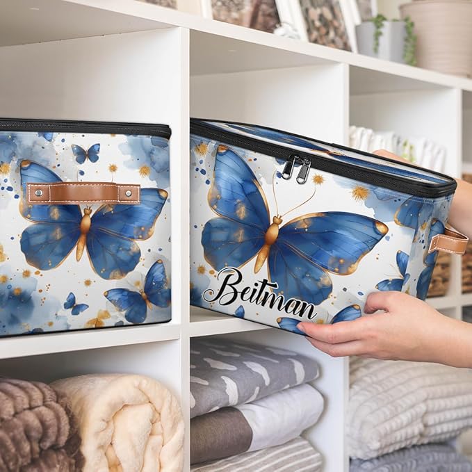 Storage-Bins with Lids Handle Customized Stackable-Storage-Bin for Kids-Boys-Girls-Toys Cube Collapsibl Basket Blue Butterflies