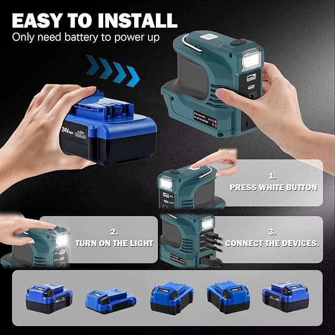 220W Power Inverter for Kobalt 24V DC 24V to AC 110-120V Inverter 20V Battery Powered Portable Power Source Supply Charger Adapter with USB&ampType-C&ampAC Outlet&ampLED Light(No Battery)