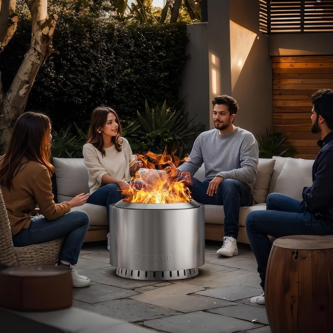 Panovue 22 inch Smokeless Fire Pit with Waterproof Cover Stainless Steel Outdoor Smokeless Firepit Wood Burning Fire Pits for Camping BonfireLow Smoke Firepit for Outside[Slivery]
