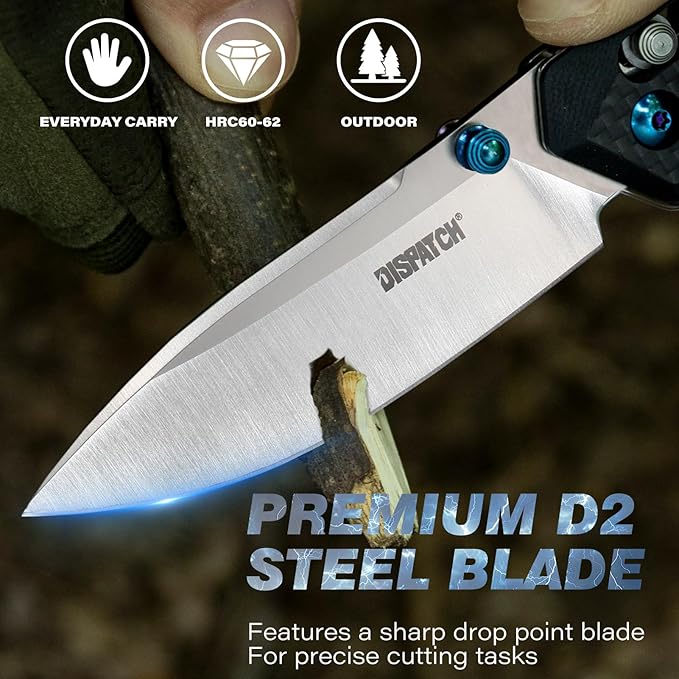 Dispatch Axis Lock Folding Pocket Knife with Clip 3.27 D2 Steel Blade and Carbon Fiber Handle Camping Folding Knives for Men Women Hiking Survival Pocketknife