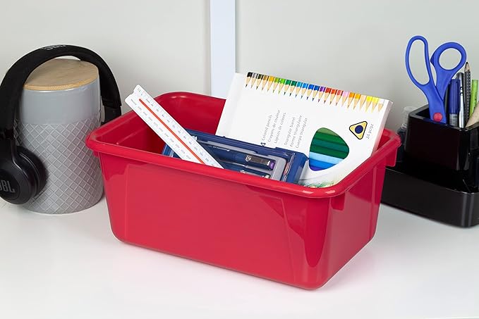 Storex Small Cubby Bins – Plastic Storage Containers for Classroom with Non-Snap Lid 12.2 x 7.8 x 5.1 inches Red 5-Pack (62407A05C)