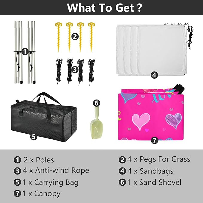 Beach Canopy with Windproof Ropes &amp Sandbags Beach Tent Sun Shade Sun Shelter for Camping Trips Fishing Backyard Fun or Picnics Hearts