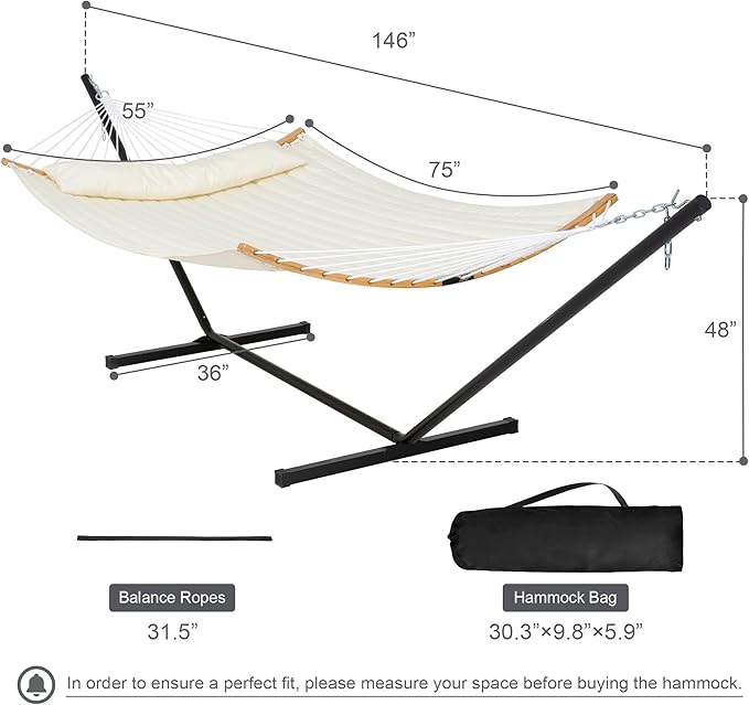 Outdoor Hammock with Stand Included Two Person Hammock with Curved Spreader Bar Pillow and Portable Bag 450 Lbs Capacity Beige