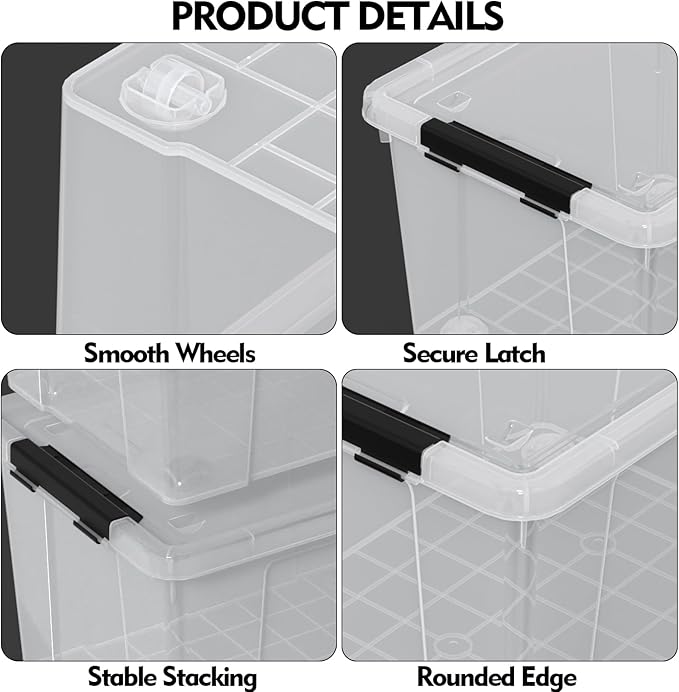 4-Pack Holiday Tote Plastic Storage Organizer Bins with Wheels 50 L Clear Stackable Organizing Containers for Home Garage and Office