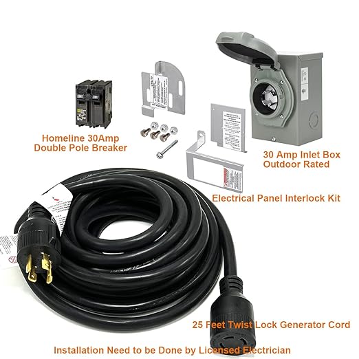 30 Amp Generator to House Hook-up Kit for Square D Homeline 150/200/225 Amp Load Center Including Generator CordPower Inlet BoxPanel Interlock Kit and Circuit Breaker (25 Ft Gen Cord)