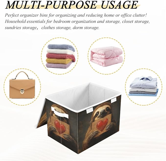 AIXIWAWA Lidded Storage Cube (Sloth with Heart) Fabric Foldable Closet Bins with Flip Lid and Handles Organizer Basket Container 16.5 x 12.6 x 11.8 IN