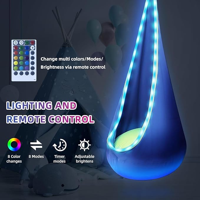 Light Up Swing Chair Hammock Chair Indoor Outdoor for Kids Pod with LED Lights Soft and Safe 176 lb. Load Capacity Easy Installation Perfect for Bedroom Garden and Playroom (Blue)
