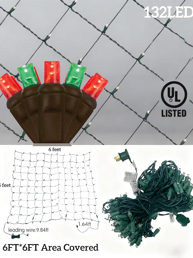 Led Christmas Net Lights for Bushes 132LED 6FT x 6FT Connectable UL Certified Net Lights for Bushes Tree Shrubs Xmas Trunk Green Wire Christmas Decorations
