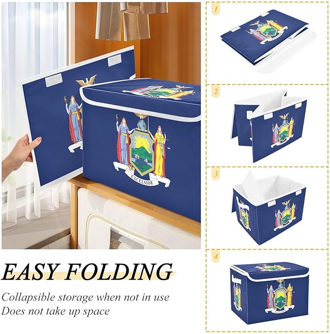 New York New Yorker Ny Flag Blue Storage Bin with Lid Foldable Storage Organizer Bins with Handles for Dorm Room