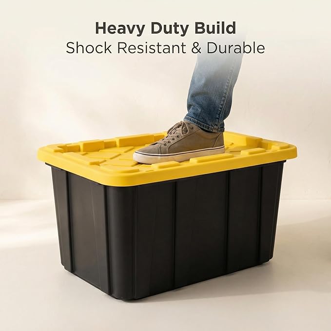 6-Pack 27-Gallon Heavy Duty Storage Bins Stackable Plastic Container with Snap Lid Organizer Tote for Garage Attic Closet Basement Truck Bed - Black and Yellow