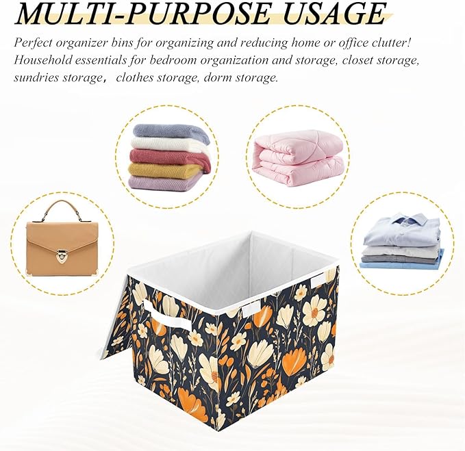 Storage Cube with Lid Cartoon Floral Pattern Print 16.5×12.6×11.8 IN Collapsible Large Capacity Foldable Storage Basket Bin Organizer