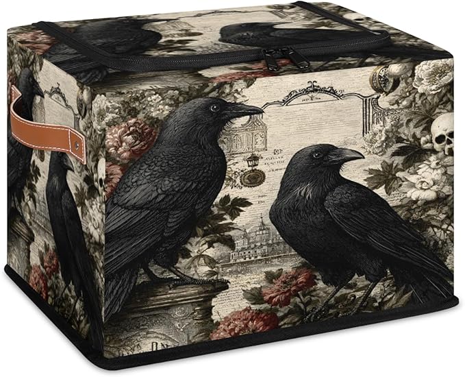 Halloween Skull Storage Bins with Lids Raven Flower Collapsible Cube Storage Basket with Leather Handle Foldable Storage Box with Lids for Organizing Home Closet
