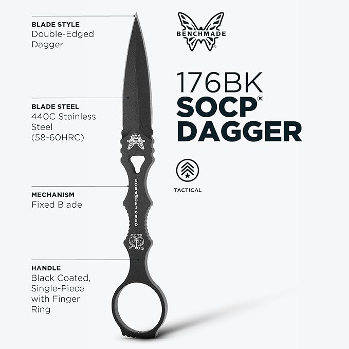 Benchmade - SOCP Knife Double Edge Dagger Blade Plain Edge Black Handle