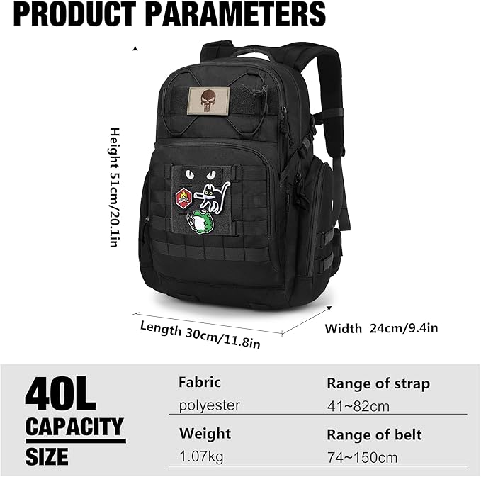 Mardingtop Military Tactical Backpack for Men 40L Molle Rucksack EDC Daypack for HikingTravelCamping Hunting(With 10Pcs Patches and 3Pcs Buckles)