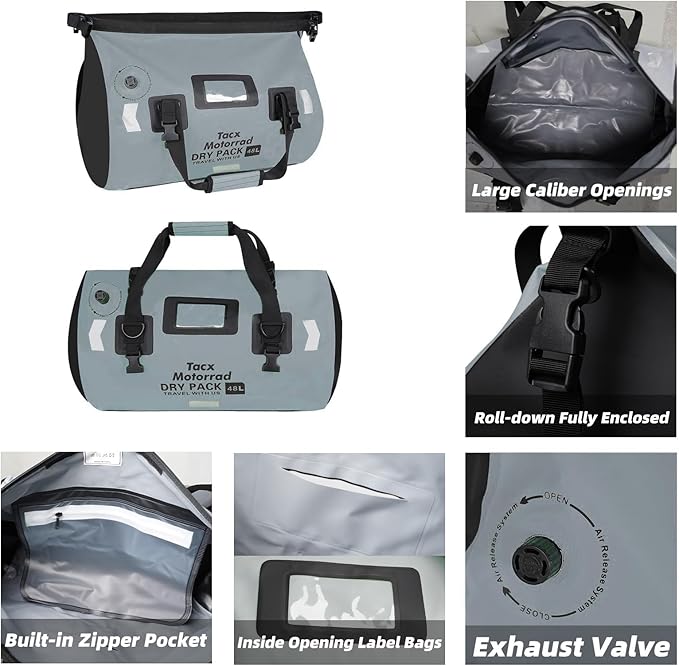 Waterproof Duffel Bag for Men/Women Roll-top Dry Backpack Duffel Bag with Quick-fixed Straps Motorcycle Tail Saddle Bag for Motorcycling Rafting Boating Kayaking Travel 66L-Grey