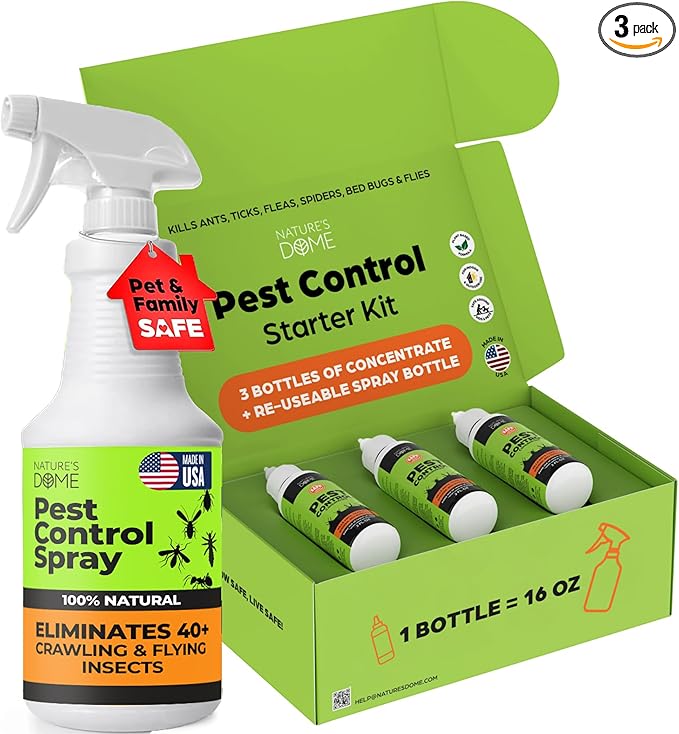 Nature's Dome Pest Killer Starter Kit Makes 48 Oz (3 Concentrate Vials + 1 Reusable Sprayer) Plant-Based Ant Roach Spider &amp Fly Killer Spray | Indoor/Outdoor Child &amp Pet Safe Essential Oil