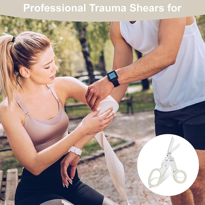 6 in 1 trauma shears folding emergency shear Outdoor Camping Tools Seat Belt Cutter Oxygen Cylinder Wrench Complimentary Adjustable Wrench (Luminous Silver)