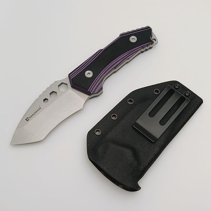 Fixed blade knife anti slip G10 handle with Kydex sheath suitable for outdoor camping and hiking (Purple-handled Stone Washed Blade)